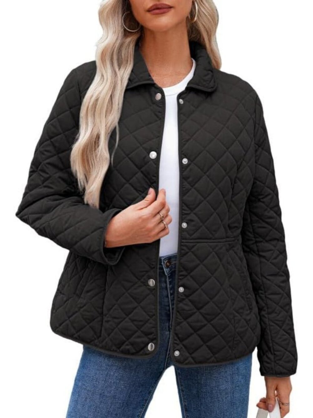 Cozy Women's Diamond Puffer Jacket - Long Sleeve, Quilted, Button Down, Pockets